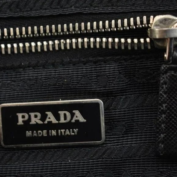 PRADA: Black, Saffiano Leather & Silver Logo Tote Bag - Picture 5 of 12